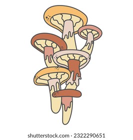 Psychedelic poisonous oyster mushrooms in Groovy style. Vector isolated retro illustration, hippie trip concept.