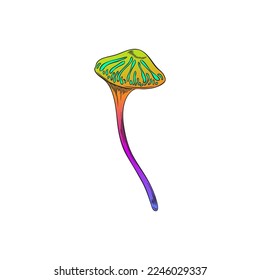 Psychedelic poisonous toadstool magic mushroom, flat cartoon vector illustration isolated on white background. Magic fantasy toxic mushroom in bright luminous colors.