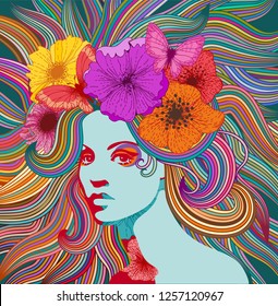 Psychedelic portrait of a hippie woman with colorful hair, flowers and butterflies.  Eps 10 vector