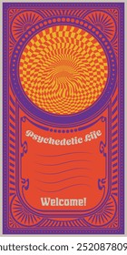 Psychedelic Poster, 1960s Hippie Music Style Colorful Placard, Vector Template for Musical Posters, Covers, Invitations