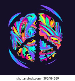 Psychedelic poster 60's style with magic mushrooms and symbols hippies