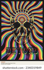 Psychedelic poster with black outline illustration of human skull, wavy rainbow beams, word Beyond. Concept of expanded consciousness, psychic abilities.