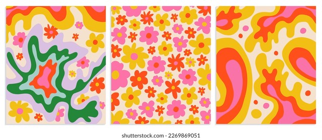 Psychedelic poster design. Poster design set with psychedelic patterns and flowers.