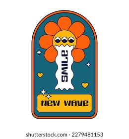 Psychedelic poster with a flower in retro colors. Trippy illustration for print or stickers. Vector element and signs in trendy psychedelic weird 90s style.