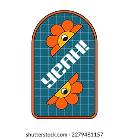Psychedelic poster with a flower in retro colors. Trippy illustration for print or stickers. Vector element and signs in trendy psychedelic weird 90s style.