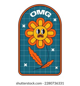 Afiche psicodélico con una flor de colores retro. Ilustración Trippy para imprimir o emoticones. Elemento vectorial y signos en el estilo psicodélico de moda de los años 90.
