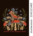 Psychedelic poster with fly agaric, fairy, psychedelic journey, retro psychedelic t-shirt print