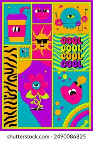 Psychedelic poster with funky characters in groovy style. Retro trendy vertical flyer. Flat vector elements in squares and rectangles in acid colors.