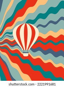 Psychedelic poster with hot air balloon on wavy sky background. Groovy print for T-shirt, postcard, sticker, banner. Vector illustration.




