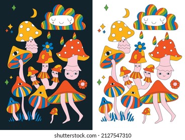 Psychedelic Poster With Many Mushrooms, Dancing Mushroom, Smiling Cloud And Moon. Bright Rainbow Hippie Summer Banner. 60s 70s Retro Style. Flower Power, Peace And Love, Indian Summer, Woodstock.  