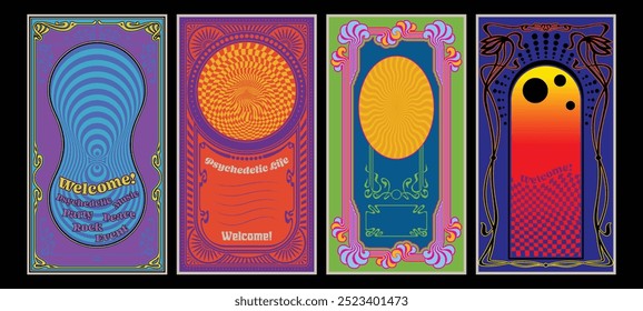 Conjunto de pósters psicodélicos, carteles coloridos de estilo de música hippie de la década de 1960, Plantillas de Vector para pósters musicales, cubiertas, invitaciones