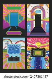 Psychedelic Poster Set, Abstract Illustrations Hippie Art style