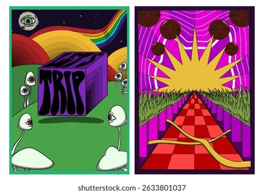 Psychedelic poster set featuring a purple cube with distorted lets trip text, surreal red tiled floor, cosmic star symbol, vibrant colors, and bold retro dreamlike visuals.