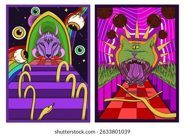 Psychedelic poster set featuring surreal animals with extra eyes, colorful tunnels, floating eyeballs, snakes, vibrant retro colors, and abstract dreamlike cosmic environments.