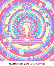 Psychedelic poster in the style of the 70s. Hippie girl is meditating. Postage stamps with emoji. Multicolored flowers and patterns, stars and comets. Cheerful set of vector illustrations.