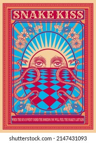 psychedelic poster with sun and snakes in retro style, tarot cards, t-shirt print, tapestry