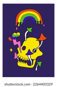 Psychedelic poster. Surreal card. Skull with mushrooms. Bright rainbow. Cloud and lightning. Hallucinogen drugs. Poisonous agaric. Trippy face. Cartoon death head. Vector