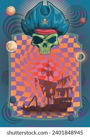 Psychedelisches Plakatvorlage. Korsair-Schädel, Schiffswrack, abstrakte Formen, psychedelischer Farbhintergrund 