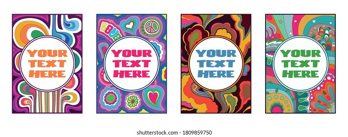 Psychedelic Poster Templates 1960s, 1970s Style, Bright Color Backgrounds
