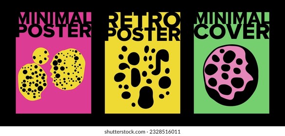 Afiches psicodélicos con manchas abstractas en color rosa, verde y ácido amarillo. Un estilo minimalista a mediados de siglo. 