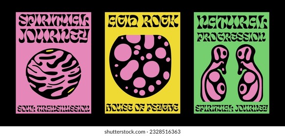 Afiches psicodélicos con manchas abstractas en color rosa, verde y ácido amarillo. Un estilo minimalista a mediados de siglo. 