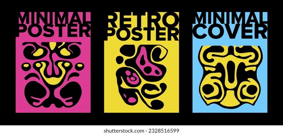 Psychedelic posters with abstract blobs in pink, green and acid yellow color palette. Minimal mid-century style. 