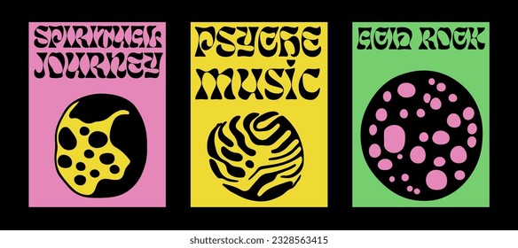 Psychedelische Plakate mit abstrakten Blobs in rosafarbener, grüner und säuberlicher gelber Farbpalette. Minimaler Stil Mitte des Jahrhunderts. 