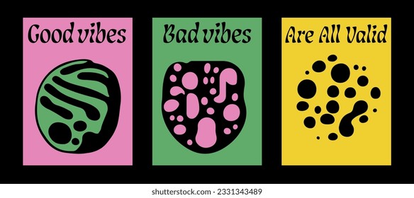 Afiches psicodélicos con manchas abstractas en color rosa, verde y ácido amarillo. Un estilo minimalista a mediados de siglo. 