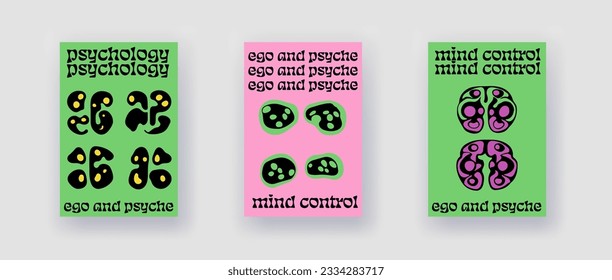 Afiches psicodélicos con manchas abstractas de color rosa y verde. Un estilo minimalista a mediados de siglo. 