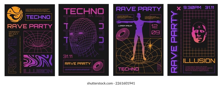 Psychedelic posters. Acid trippy party flyers surreal 70s 80s style, funky groovy strange rave strange symbols for banner design. Vector set of trippy psychedelic, acid illustration banner for party