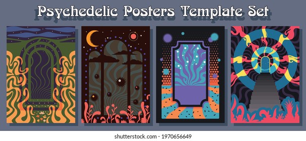 Psychedelic Posters Template Set, 1960s - 1970s Rock Music Albums Covers Stylization 