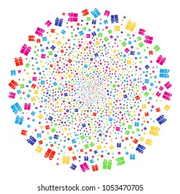 Psychedelic Present festival sphere. Vector globula salute organized from randomized present symbols. Multi Colored Vector illustration.