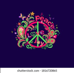 Psychedelic print with hippie peace symbol, flowers ornament, love, peace and joy word, funny butterfly and paisley on navy-blue background