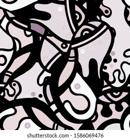 Psychedelic Print. Modern Seamless Pattern.  Gray, Bordo Chaotic Hand Drawn. Linear Collage. Bizarre Street Art. Creative Trendy Style. Abstract, Contrast Shape. Doodle Crazy Vector Background.
