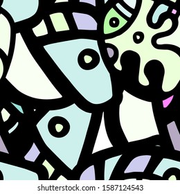 Psychedelic Print. Modern Seamless Pattern.  Mint, Turquoise Cool Hand Drawn. Linear Collage. Bizarre Street Art. Creative Trendy Style. Abstract, Contrast Shape. Doodle Crazy Vector Background.
