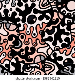 Psychedelic Print. Modern Seamless Pattern.  Gray, Bordo Chaotic Hand Drawn. Linear Collage. Bizarre Street Art. Creative Trendy Style. Abstract, Contrast Shape. Doodle Crazy Vector Background.
