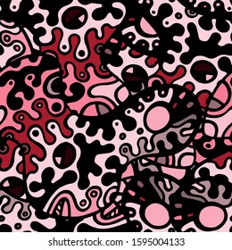 Psychedelic Print. Modern Seamless Pattern.  Gray, Bordo Summer Hand Drawn. Linear Collage. Bizarre Street Art. Creative Trendy Style. Abstract, Contrast Shape. Doodle Crazy Vector Background.
