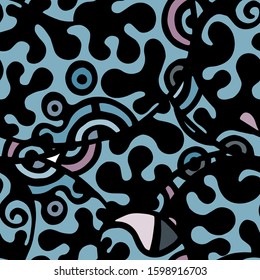 Psychedelic Print. Modern Seamless Pattern.  Blue, Purple Fun Hand Drawn. Linear Collage. Bizarre Street Art. Creative Trendy Style. Abstract, Contrast Shape. Doodle Crazy Vector Background.
