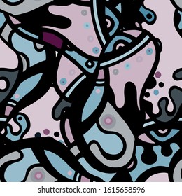 Psychedelic Print. Modern Seamless Pattern.  Blue, Purple Chaotic Hand Drawn. Linear Collage. Bizarre Street Art. Creative Trendy Style. Abstract, Contrast Shape. Doodle Crazy Vector Background.
