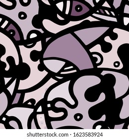 Psychedelic Print. Modern Seamless Pattern.  Gray, Bordo Cool Hand Drawn. Linear Collage. Bizarre Street Art. Creative Trendy Style. Abstract, Contrast Shape. Doodle Crazy Vector Background.
