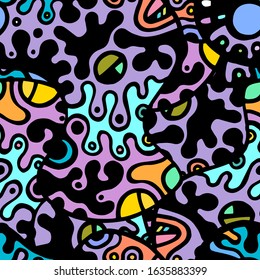 Psychedelic Print. Modern Seamless Pattern.  Color, Multicolor Chaotic Hand Drawn. Linear Collage. Bizarre Street Art. Creative Trendy Style. Abstract, Contrast Shape. Doodle Crazy Vector Background.
