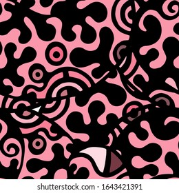 Psychedelic Print. Modern Seamless Pattern.  Gray, Bordo Funky Hand Drawn. Linear Collage. Bizarre Street Art. Creative Trendy Style. Abstract, Contrast Shape. Doodle Crazy Vector Background.
