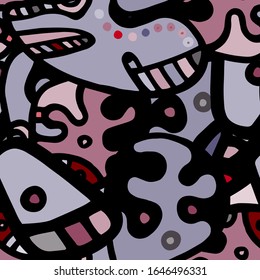 Psychedelic Print. Modern Seamless Pattern.  Gray, Bordo Chaotic Hand Drawn. Linear Collage. Bizarre Street Art. Creative Trendy Style. Abstract, Contrast Shape. Doodle Crazy Vector Background.
