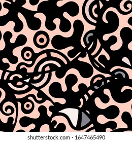 Psychedelic Print. Modern Seamless Pattern.  Gray, Bordo Cool Hand Drawn. Linear Collage. Bizarre Street Art. Creative Trendy Style. Abstract, Contrast Shape. Doodle Crazy Vector Background.
