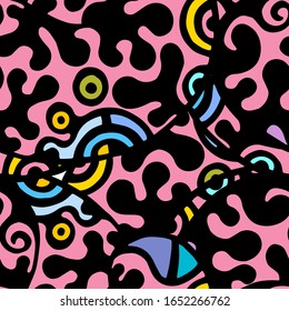 Psychedelic Print. Modern Seamless Pattern.  Color, Multicolor Chaotic Hand Drawn. Linear Collage. Bizarre Street Art. Creative Trendy Style. Abstract, Contrast Shape. Doodle Crazy Vector Background.
