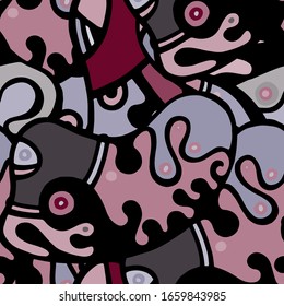 Psychedelic Print. Modern Seamless Pattern. Gray, Bordo Cool Hand Drawn. Linear Collage. Bizarre Street Art. Creative Trendy Style. Abstract, Contrast Shape. Doodle Crazy Vector Background.
