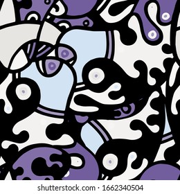 Psychedelic Print. Modern Seamless Pattern.  Blue, Purple Funky Hand Drawn. Linear Collage. Bizarre Street Art. Creative Trendy Style. Abstract, Contrast Shape. Doodle Crazy Vector Background.
