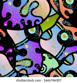 Psychedelic Print. Modern Seamless Pattern.  Grafiti Packaging. Fantasy Hand Drawn. Linear Collage. Bizarre Street Art. Creative Trendy Style. Abstract Contrast Shape. Doodle Crazy Vector Background.

