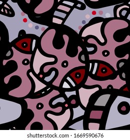 Psychedelic Print. Modern Seamless Pattern.  Gray, Bordo Summer Hand Drawn. Linear Collage. Bizarre Street Art. Creative Trendy Style. Abstract, Contrast Shape. Doodle Crazy Vector Background.
