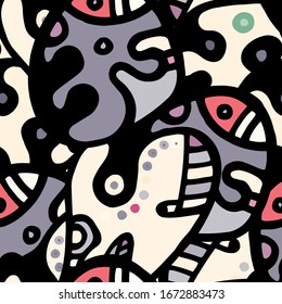 Psychedelic Print. Modern Seamless Pattern.  Gray, Bordo Chaotic Hand Drawn. Linear Collage. Bizarre Street Art. Creative Trendy Style. Abstract, Contrast Shape. Doodle Crazy Vector Background.
